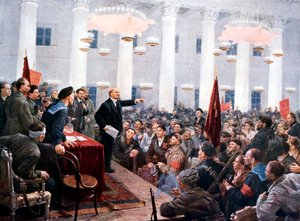 Lenin juhlii Neuvostoliiton 2. kongressin kansanedustajia, Smolnyin palatsi, Pietari, 1917 tekijältä Unbekannt