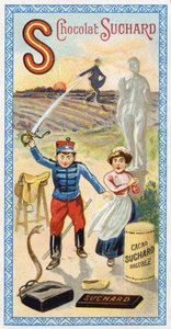 S-kirjain: aurinko, kylvö, kylväjä, palvelija, hämmästys, sotilas, miekka, satula, käärme, patsas, kavio, laukku. Chocolat Suchardin toimittama aakkosten kaiverrus, 1900-luvun alku. 24 kromolitografiaa, jotka edustavat paikkoja, hahmoja ja esineitä tekijältä Unbekannt