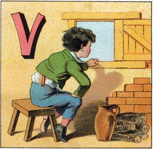 V-kirjain vasistana. Utelias lapsi katsomassa ulos ikkunasta. Kaiverrus "Alphabet des petits ecoliers". Epinalin kuva, noin 1885. Privee Collection tekijältä Unbekannt