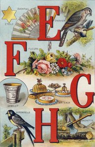 kirjaimet E F G H; Niellä; Tuuletin; Kukat; Kakut; Kuppi; Hachette; Niellä. Kaiverrus "Alphabet de ma petite fille". Bernardin-Bechet ja Fils, kirjakauppias-kustantajat, Pariisi, noin 1895. Rikkoutumaton albumi kankaalle. Bibliotheque des Bebes. 12 sivua.  tekijältä Unbekannt