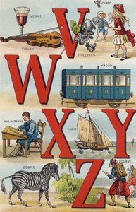 Kirjaimet V W X Y Z; ohjauspyörä; Auto; Ksylografi; Jahti; Seepra; Zouave. Kaiverrus "Tyttärentyttäreni aakkosissa". Bernardin-Bechet ja Fils, kirjakauppias-kustantajat, Pariisi, noin 1895. Rikkoutumaton albumi kankaalle. Vauvan kirjasto. 12 sivua. Albu tekijältä Unbekannt