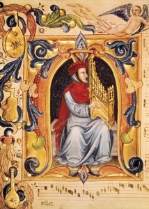 Lettriine, jossa mies ja urut alkavat partituurin Codex Squarcialupista (Antonio Squarcialupi tekijältä Unbekannt