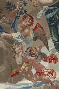 Neitsyen elämä: "Neitsyen kruunaus" (Neitsyen kruunaus) Yksityiskohta enkeleistä Pierre Damourin työpajassa tehty villa- ja silkkikudos Charles Poersonin (1609-1667) piirustuksista tekijältä Unbekannt