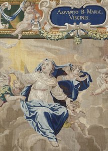 Neitsyen elämä: "" Neitsyt taivaaseenastuminen" (Neitsyt taivaaseenastuminen) Yksityiskohta Pierre Damourin työpajassa Charles Poersonin (1609-1667) piirustusten mukaan tehty villa- ja silkkikudos tekijältä Unbekannt