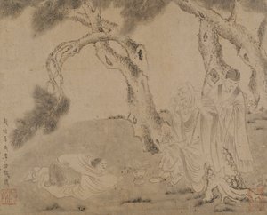 Luohan, palvelija ja palvoja mäntyjen alla, Yuan- tai Ming-dynastia, 1279-1644. tekijältä Unbekannt