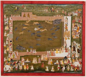 Maharaja Sangram Singh ja hänen hovinsa tarkkailevat tiikerien ja villisian välistä taistelua Sadrissa, n. 1720. tekijältä Unbekannt