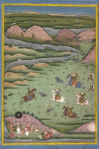 Maharana Amar Singh II tai Sangram Singh metsästävä villisikaa, 1800-luku. tekijältä Unbekannt