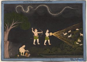 Maharana Jagat Singh pukeutunut Bhiliksi, metsästää peuroja yöllä, n. 1735-40. tekijältä Unbekannt