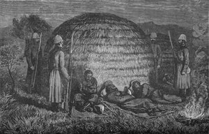 Majuri Marter ja hänen miehensä vartioivat Cetewayoa alkuperäisessä Kraalissa, vuodelta 1880 tekijältä Unbekannt