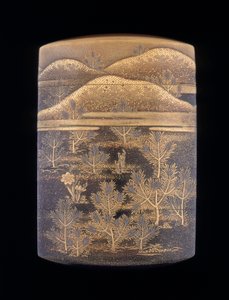 Makie lacquer inro koristeltu tyylitellyillä mäntyillä ja kukkuloilla, myöhäinen Edo-kausi, Japani, 1750-1850 tekijältä Unbekannt