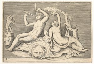 Mies soittaa kahta huilua ja nainen Lionskinillä, julkaistu n. 1599-1622. tekijältä Unbekannt