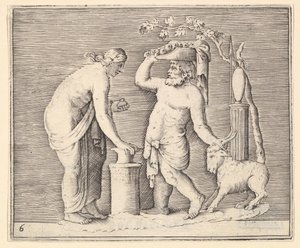 Mies ja nainen uhraamassa vuohet, julkaistu n. 1599-1622. tekijältä Unbekannt