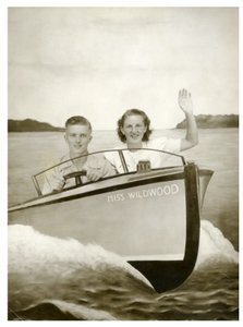 Mies ja nainen veneessä nimeltä "Miss Wildwood" n. 1940(kuva) tekijältä Unbekannt