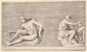 Mies siivellä, Mies maljakolla ja koiralla, julkaistu n. 1599-1622. tekijältä Unbekannt