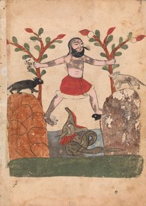Ihmisen kohtalo tai mies, joka turvautuu lohikäärmeen asuttamaan kaivoon, Folio..., 1700-luku. tekijältä Unbekannt