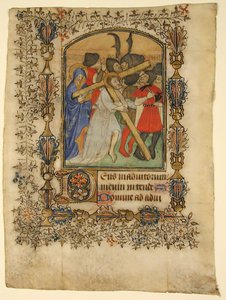 Käsikirjoitus lehti tuntikirjasta... Valaistu alkukirjain D ja Kristus kantaa ristiä, 1390-140 tekijältä Unbekannt