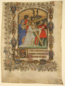 Käsikirjoitus lehti tuntikirjasta... Valaistu alkukirjain D ja Kristus kantaa ristiä, 1390-140 tekijältä Unbekannt