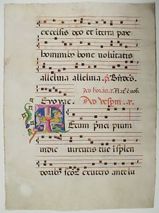 Käsikirjoituslehti, jonka alkukirjaimella T, antifonaarista, italialainen, 1400-luku. tekijältä Unbekannt