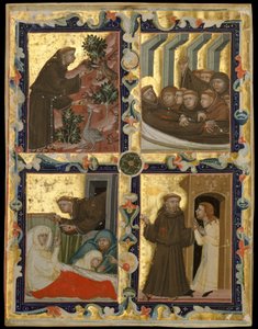 Käsikirjoituslehti, jossa on kohtauksia pyhän Franciscus Assisilaisen elämästä, n. 1320-42. tekijältä Unbekannt