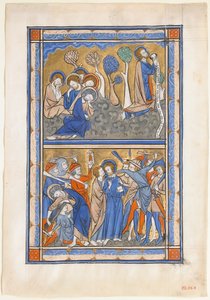 Käsikirjoituslehti puutarhan tuskalla ja Kristuksen pettäminen, kuninkaallisesta psalterista, n. 1270. tekijältä Unbekannt