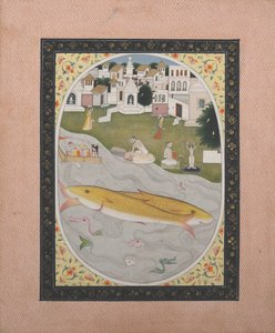 Käsikirjoitusmaalaus hindutantrisella kohtauksella, joka kuvaa kahta kalaa, 1800-1820. tekijältä Unbekannt