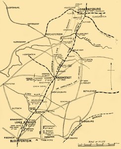 Kartta, joka näyttää etenemislinjat Bloemfonteinista Pretoriaan, 1901. tekijältä Unbekannt