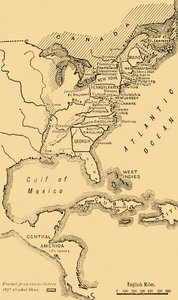 Pohjois-Amerikan kartta, kuvaa Yhdysvaltain itsenäisyyssotaa, c1785, 1890. tekijältä Unbekannt