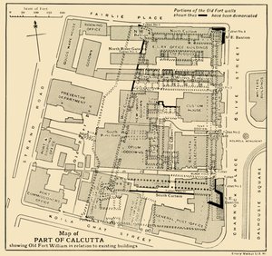 Kalkutan osan kartta, jossa näkyy vanha Fort William suhteessa olemassa oleviin rakennuksiin, 1925. tekijältä Unbekannt