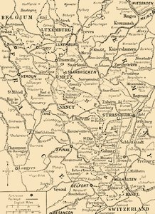 Kartta, jossa näkyy Ranskan ja Saksan välinen raja, ensimmäinen maailmansota, c1915, c1920. tekijältä Unbekannt