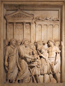 Marcus Aurelius ja keisarillisen perheen jäsenet tarjoavat uhrauksia kiitokseksi menestyksestä germaanisia heimoja vastaan, n. 176-182 tekijältä Unbekannt