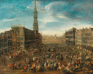 Markkinanäkymä Grand Place -aukiolla Brysselissä, n. 1670. tekijältä Unbekannt