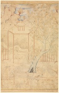 Mestari ja opetuslapsi puutarhapaviljongissa, yhden sivun kuvitus, n. 1570-1590 luvulla. tekijältä Unbekannt