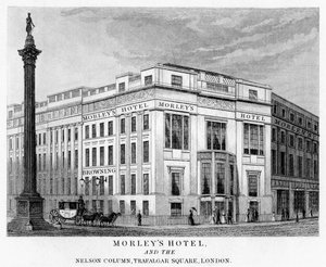Morleys Hotel ja Nelsons-pylväs, Trafalgar Square, Westminster, Lontoo, 1800-luku tekijältä Unbekannt