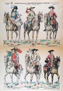 Mousquetaires a Cheval 17th Century. Ranskan armeijan univormut. Värilitografia. Yksityinen kokoelma tekijältä Unbekannt