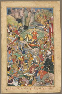 Mughalin hallitsija Humayun voitti afgaanit ennen Intian valloitusta, folio Akbar-nama-kirjasta tekijältä Unbekannt