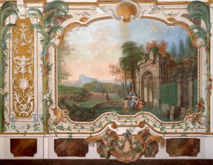 Seinämaalaus kiinalaisen palatsin olohuoneessa Oranienbaumissa, 1700-luvun puolivälissä tekijältä Unbekannt