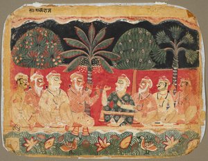 Nanda ja vanhimmat, sivu Bhagavata Puranalta, n. 1525. tekijältä Unbekannt