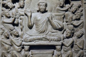 Intian kansallismuseo, Delhi. Ayaga-friisi, joka kuvaa kohtauksia Buddhan elämästä ja Jakatoista. Ikshvaku, 3. vuosisadalla jKr. Nagarjunakonda, Andhra Pradesh. Harmaa kalkkikivi. Yksityiskohta. Intia. tekijältä Unbekannt