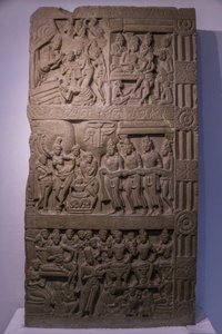 Intian kansallismuseo, Delhi. Buddhan elämän kohtauksia. Ikshvaku, 3. vuosisadalla jKr. Nagarjunakonda, Andhra Pradesh. Harmaa kalkkikivi. Yksityiskohta. Intia. tekijältä Unbekannt