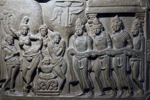 Intian kansallismuseo, Delhi. Buddhan elämän kohtauksia. Ikshvaku, 3. vuosisadalla jKr. Nagarjunakonda, Andhra Pradesh. Harmaa kalkkikivi. Yksityiskohta. Intia. tekijältä Unbekannt
