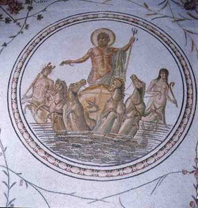 Neptunus vaunuissaan Hippokampien ja Tritonien kanssa (mosaiikki) tekijältä Unbekannt