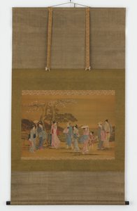 Yhdeksän ihmistä ulkona katsomassa kirsikankukkia, Edo-kausi, 1615-1868. tekijältä Unbekannt