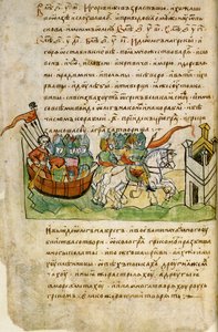 Oleg Novgorodlainen kampanja Konstantinopolia vastaan Radziwill-kronikasta, 1400-luku tekijältä Unbekannt