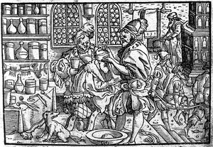 Leikkaus miehen päähän. Lähde: Theophrastus Bombastus von Hohenheimin suuri haavalääke, 1562 tekijältä Unbekannt