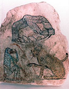 Ostracon-fragmentti, gepardi, lintu ja apina, Egypti tekijältä Unbekannt