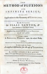 Isaac Newtonin (1642-1727) Lontoossa vuonna 1736 julkaiseman julkaisun "The method of fluxions and infinite series" otsikkosivu sisältää tärkeimmät tieteeseen vaikuttaneet teoriat: binomilauseen, m:n kolme yleismaailmallista lakia. tekijältä Unbekannt