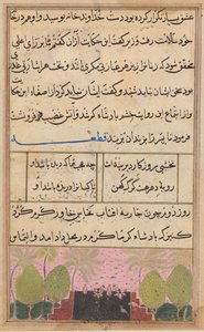 Sivu elokuvasta Tales of a Parrot Tuti-nama: Kahdeksas yö: Maisema lootuksen kanssa, n. 1560. tekijältä Unbekannt