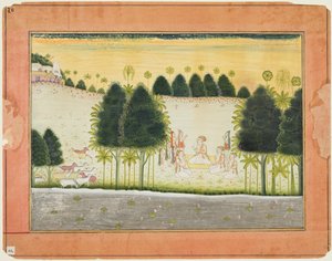 Sivu Bhagavata Puranasta: Nanda ja vanhimmat neuvolassa gopan kanssa, n. 1690-1700. tekijältä Unbekannt