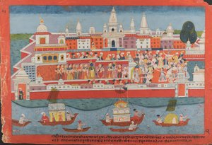 Sivu hajallaan olevasta Bhagavata Purana -käsikirjoituksesta Krishnan elämä, n. 1775. tekijältä Unbekannt