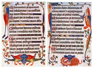 Sivu kuvitettua tekstiä Luttrell Psalterista, c1300-c1340, c1900-1920 tekijältä Unbekannt